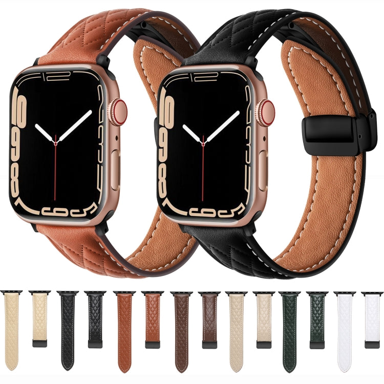 For Apple Watch 6 44mm Folding Buckle Rhombus Leather Watch Band(Starlight) - Watch Bands by PMC TechLife | Online Shopping South Africa | PMC TechLife