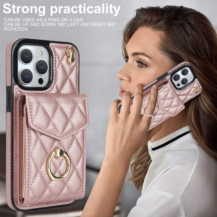 For iPhone 13 Pro Max Rhombic Texture Card Bag Phone Case with Long Lanyard(Rose Gold) - free shipping - PMC TechLife - Order now!