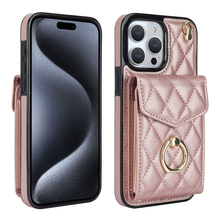 For iPhone 15 Pro Max Rhombic Texture Card Bag Phone Case with Long Lanyard(Rose Gold) - free shipping - PMC TechLife - Order now!
