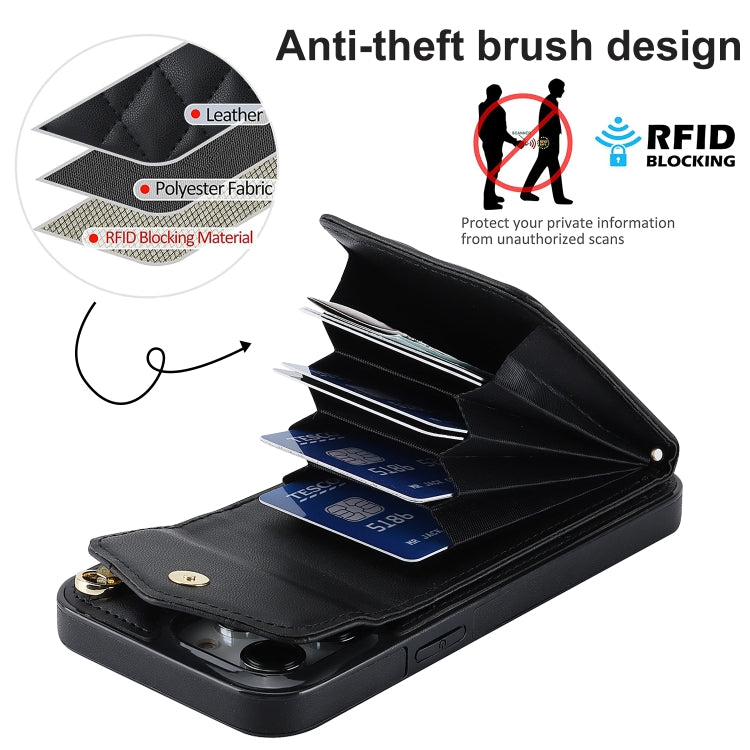 For iPhone 15 Plus Rhombic Texture Card Bag Phone Case with Long Lanyard(Black) - iPhone 15 Plus Cases by PMC TechLife | Online Shopping South Africa | PMC TechLife | Buy Now Pay Later Mobicred
