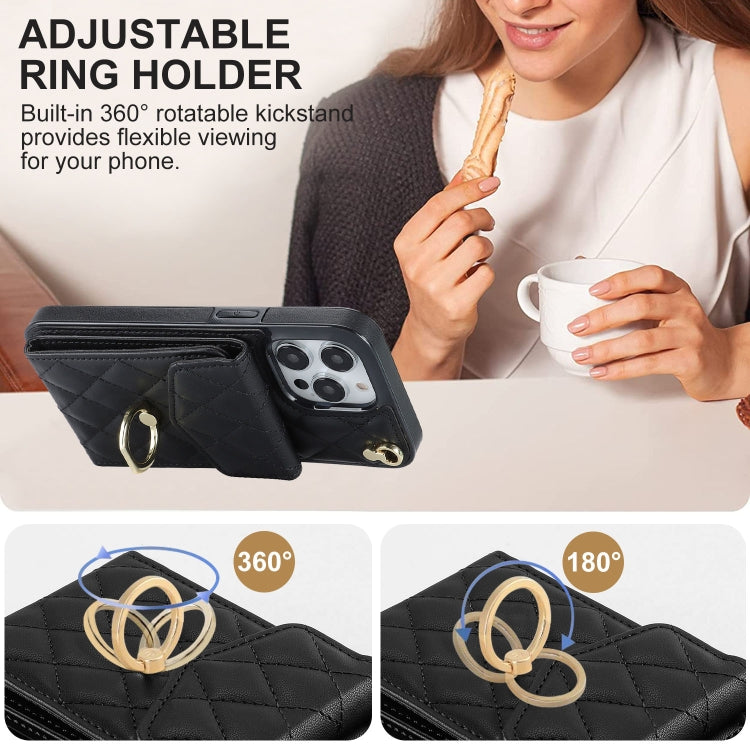 For iPhone 15 Plus Rhombic Texture Card Bag Phone Case with Long Lanyard(Black) - iPhone 15 Plus Cases by PMC TechLife | Online Shopping South Africa | PMC TechLife | Buy Now Pay Later Mobicred