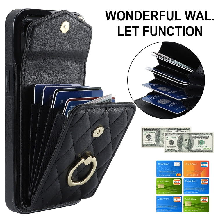 For iPhone 15 Plus Rhombic Texture Card Bag Phone Case with Long Lanyard(Black) - iPhone 15 Plus Cases by PMC TechLife | Online Shopping South Africa | PMC TechLife | Buy Now Pay Later Mobicred