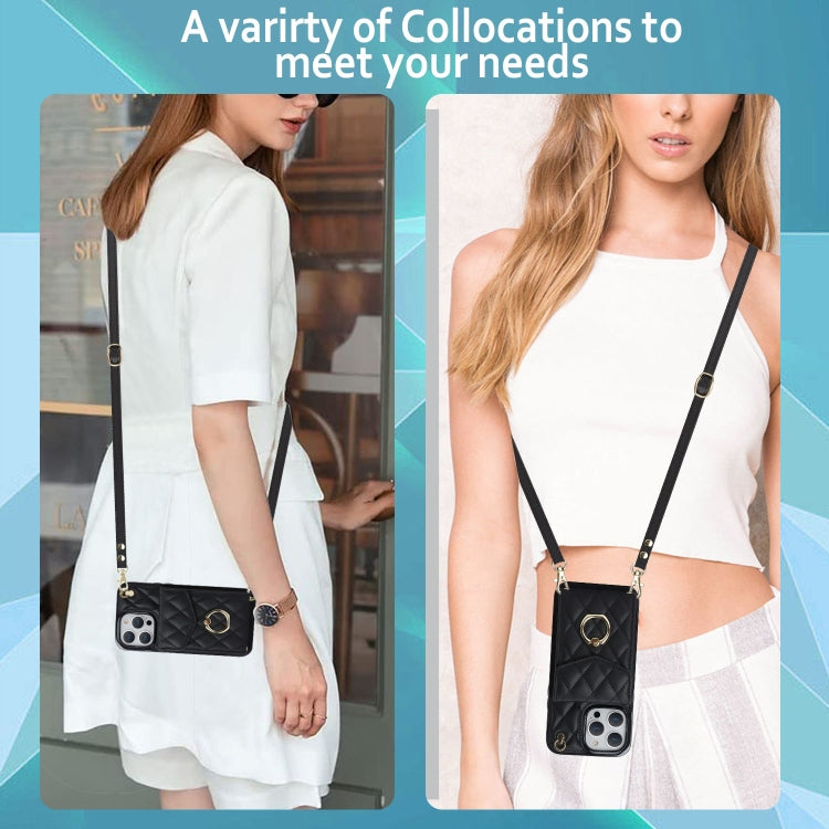 For iPhone 15 Plus Rhombic Texture Card Bag Phone Case with Long Lanyard(Black) - iPhone 15 Plus Cases by PMC TechLife | Online Shopping South Africa | PMC TechLife | Buy Now Pay Later Mobicred