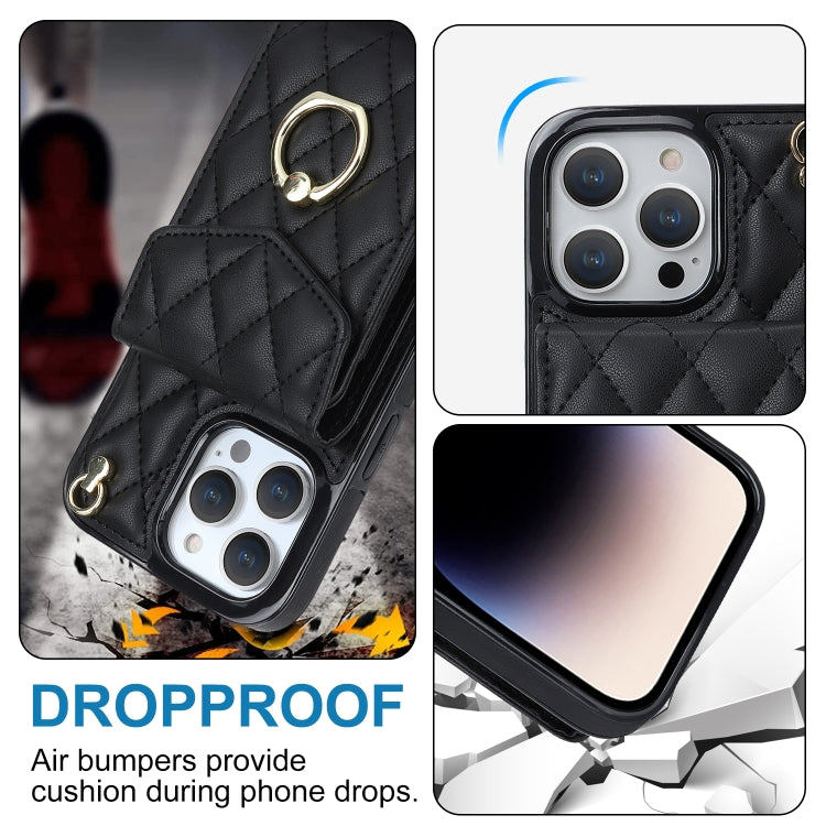 For iPhone 15 Plus Rhombic Texture Card Bag Phone Case with Long Lanyard(Black) - iPhone 15 Plus Cases by PMC TechLife | Online Shopping South Africa | PMC TechLife | Buy Now Pay Later Mobicred