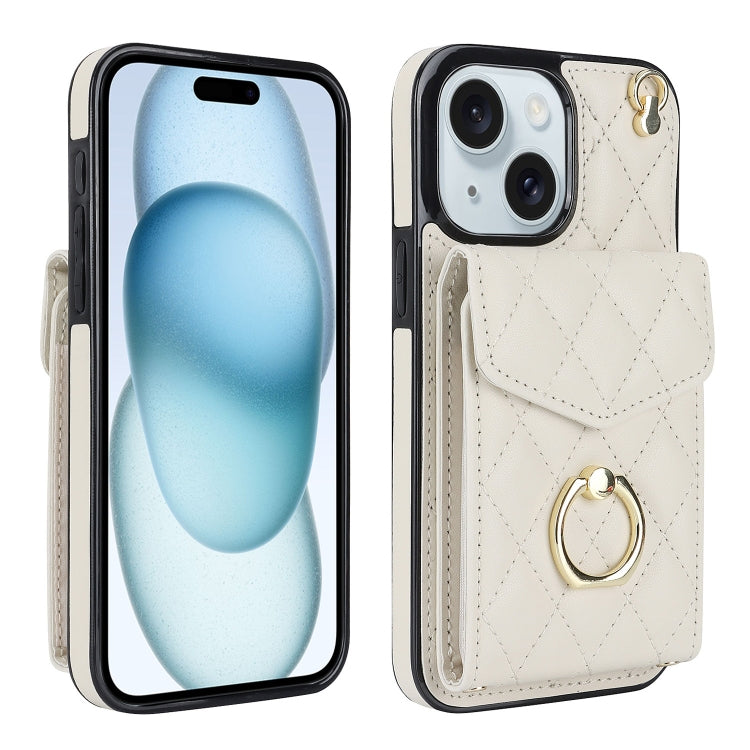 For iPhone 15 Rhombic Texture Card Bag Phone Case with Long Lanyard(White) - iPhone 15 Cases by PMC TechLife | Online Shopping South Africa | PMC TechLife | Buy Now Pay Later Mobicred