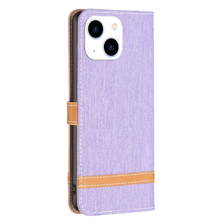 For iPhone 15 Color Block Denim Texture Leather Phone Case(Purple) - iPhone 15 Cases by PMC Jewellery | Online Shopping South Africa | PMC Jewellery