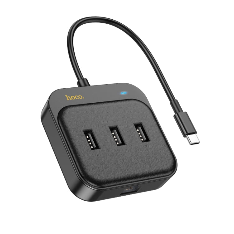 hoco HB35 4 in 1 USB-C / Type-C to USB2.0x3+RJ45 100M Ethernet Adapter, Cable Length: 0.2m(Black) - USB Network Adapter by hoco | Online Shopping South Africa | PMC Jewellery