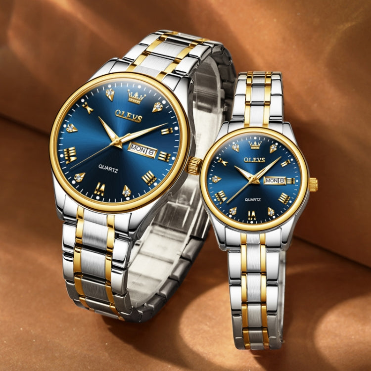 1pair OLEVS 5563 Couple Luminous Waterproof Quartz Watch(Blue + Gold) - Couple Watches by OLEVS | Online Shopping South Africa | PMC Jewellery | Buy Now Pay Later Mobicred