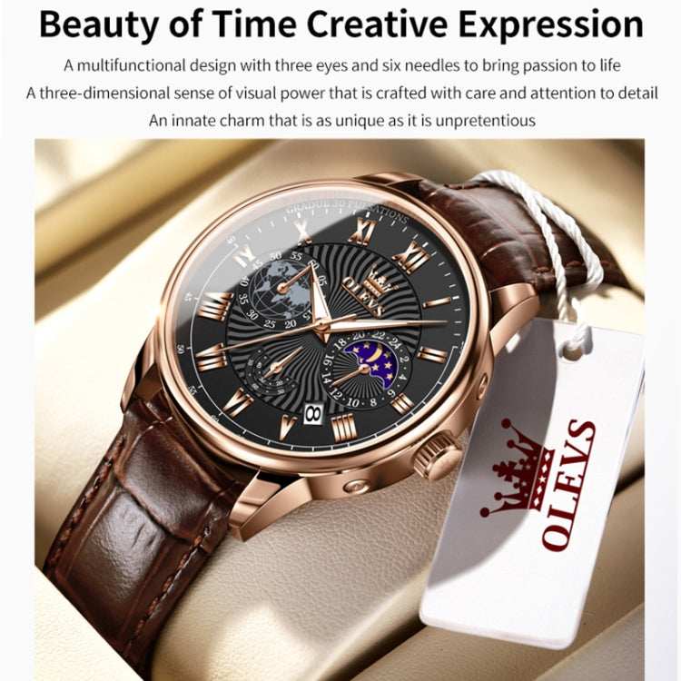OLEVS 2893 Men Multifunctional Business Quartz Watch(Brown + Black) - Leather Strap Watches by OLEVS | Online Shopping South Africa | PMC Jewellery