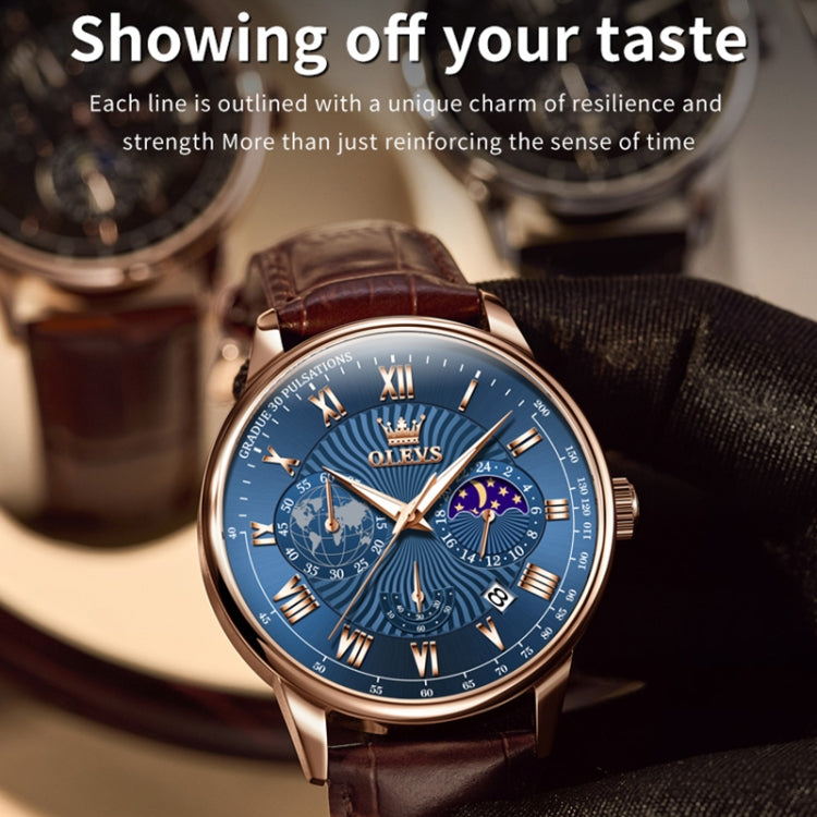OLEVS 2893 Men Multifunctional Business Quartz Watch(Brown + Blue) - Leather Strap Watches by OLEVS | Online Shopping South Africa | PMC Jewellery