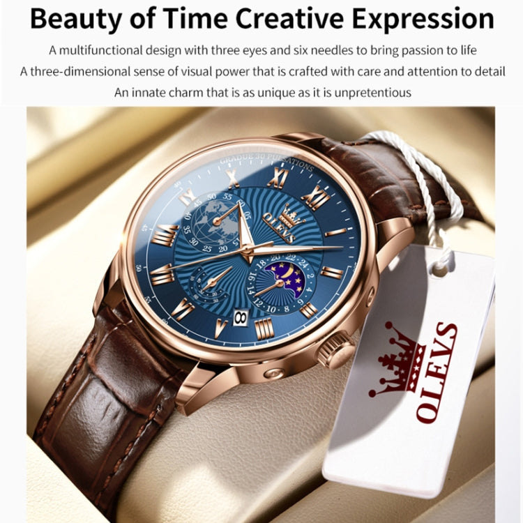 OLEVS 2893 Men Multifunctional Business Quartz Watch(Brown + Blue) - Leather Strap Watches by OLEVS | Online Shopping South Africa | PMC Jewellery