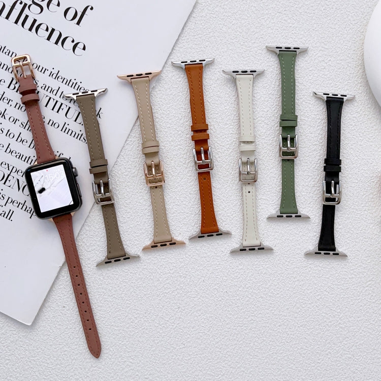 For Apple Watch 9 41mm T-shaped Slim Genuine Leather Watch Band(Light Green) - Watch Bands by PMC TechLife | Online Shopping South Africa | PMC TechLife