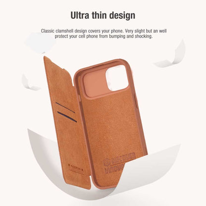 For iPhone 15 NILLKIN QIN Series Pro Sliding Camera Cover Design Leather Phone Case(Brown) - iPhone 15 Cases by NILLKIN | Online Shopping South Africa | PMC Jewellery | Buy Now Pay Later Mobicred