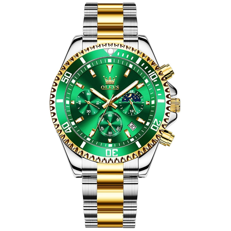 OLEVS 2870 Men Multifunctional Chronograph Three Eyes Waterproof Quartz Watch(Green + Gold) - Metal Strap Watches by OLEVS | Online Shopping South Africa | PMC Jewellery | Buy Now Pay Later Mobicred