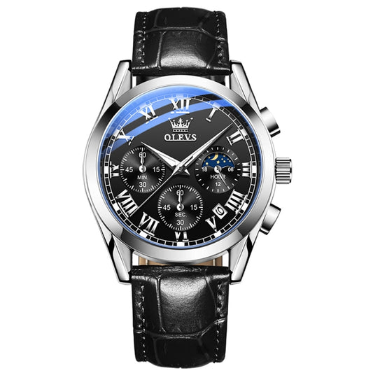 OLEVS 2871 Men Multifunctional Sports Chronograph Luminous Quartz Watch(Black + Silver) - Leather Strap Watches by OLEVS | Online Shopping South Africa | PMC Jewellery