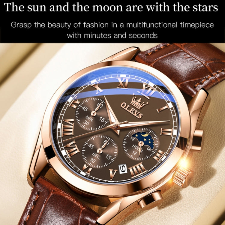 OLEVS 2871 Men Multifunctional Sports Chronograph Luminous Quartz Watch(Coffee + Rose Gold) - Leather Strap Watches by OLEVS | Online Shopping South Africa | PMC Jewellery | Buy Now Pay Later Mobicred