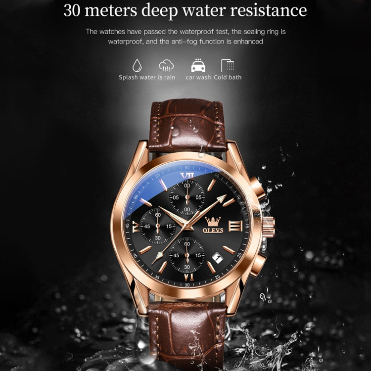 OLEVS 2872 Men Three Eyes Six Needles Chronograph Waterproof Quartz Watch(Black + Rose Gold) - Leather Strap Watches by OLEVS | Online Shopping South Africa | PMC Jewellery