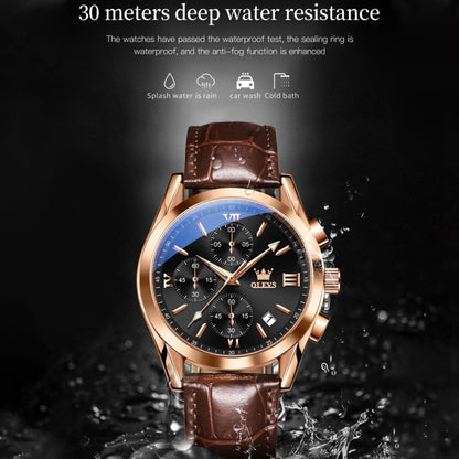 OLEVS 2872 Men Three Eyes Six Needles Chronograph Waterproof Quartz Watch(Black + Rose Gold) - Leather Strap Watches by OLEVS | Online Shopping South Africa | PMC Jewellery