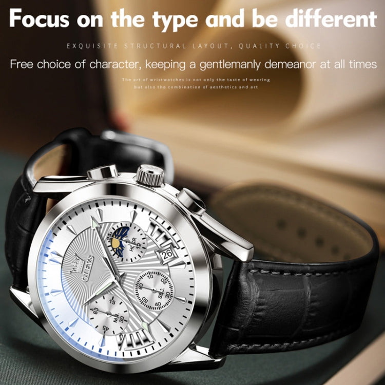 OLEVS 2876 Men Multifunctional Sports Chronograph Quartz Watch(White) - Leather Strap Watches by OLEVS | Online Shopping South Africa | PMC Jewellery | Buy Now Pay Later Mobicred