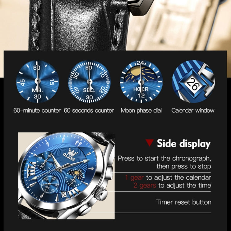 OLEVS 2876 Men Multifunctional Sports Chronograph Quartz Watch(Blue) - Leather Strap Watches by OLEVS | Online Shopping South Africa | PMC Jewellery