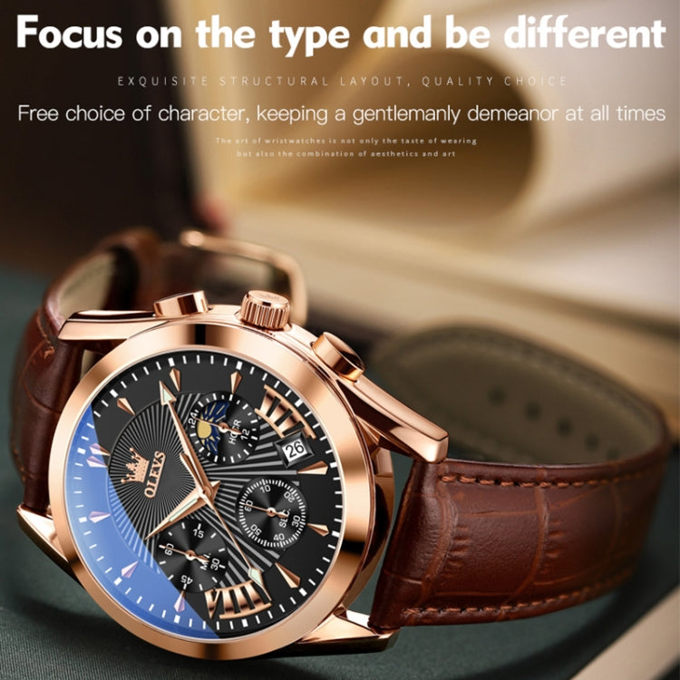 OLEVS 2876 Men Multifunctional Sports Chronograph Quartz Watch(Black + Rose Gold) - Leather Strap Watches by OLEVS | Online Shopping South Africa | PMC Jewellery