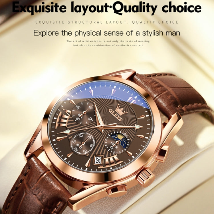 OLEVS 2876 Men Multifunctional Sports Chronograph Quartz Watch(Coffee + Rose Gold) - Leather Strap Watches by OLEVS | Online Shopping South Africa | PMC Jewellery