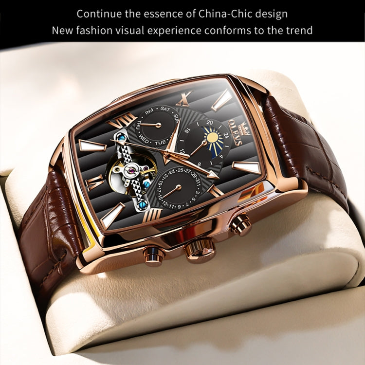 OLEVS 6675 Men Multifunctional Moon Phase Tourbillon Mechanical Watch(Black + Rose Gold) - Leather Strap Watches by OLEVS | Online Shopping South Africa | PMC Jewellery