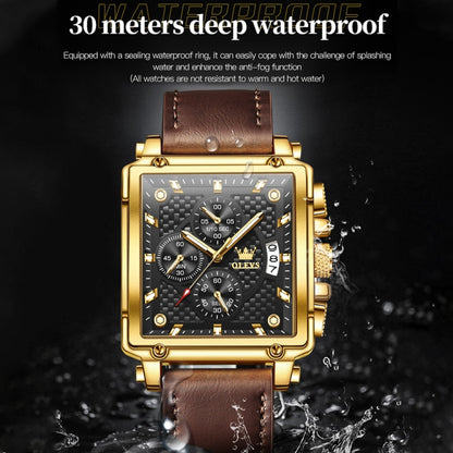 OLEVS 9925 Men Square Dial Multifunctional Waterproof Quartz Watch(Black + Gold) - Leather Strap Watches by OLEVS | Online Shopping South Africa | PMC Jewellery | Buy Now Pay Later Mobicred