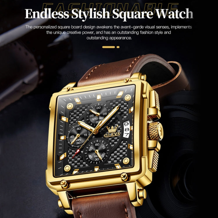 OLEVS 9925 Men Square Dial Multifunctional Waterproof Quartz Watch(Black + Gold) - Leather Strap Watches by OLEVS | Online Shopping South Africa | PMC Jewellery | Buy Now Pay Later Mobicred