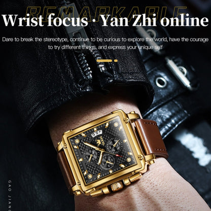 OLEVS 9925 Men Square Dial Multifunctional Waterproof Quartz Watch(Black + Gold) - Leather Strap Watches by OLEVS | Online Shopping South Africa | PMC Jewellery | Buy Now Pay Later Mobicred