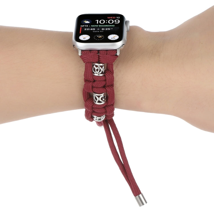 For Apple Watch 38mm Silk Silver Beads Braided Watch Band(Wine Red) - Watch Bands by PMC TechLife | Online Shopping South Africa | PMC TechLife