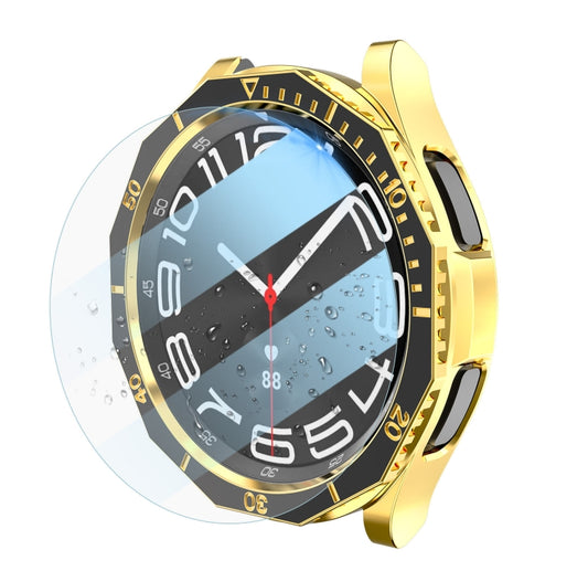 For Samsung Galaxy Watch6 Classic 47mm R960 Electroplate PC Case + Tempered Film + Watch Bezel Ring Set(Black+Gold) - Watch Cases by PMC Jewellery | Online Shopping South Africa | PMC Jewellery