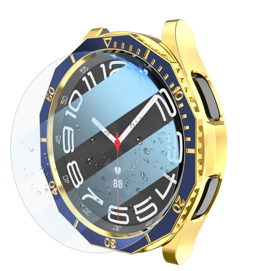 For Samsung Galaxy Watch6 Classic 43mm R950 Electroplate PC Case + Tempered Film + Watch Bezel Ring Set(Blue+Gold) - Watch Cases by PMC Jewellery | Online Shopping South Africa | PMC Jewellery