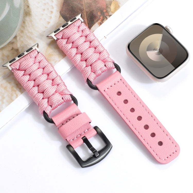 For Apple Watch SE 40mm Plain Paracord Genuine Leather Watch Band(Pink) - Watch Bands by PMC TechLife | Online Shopping South Africa | PMC TechLife