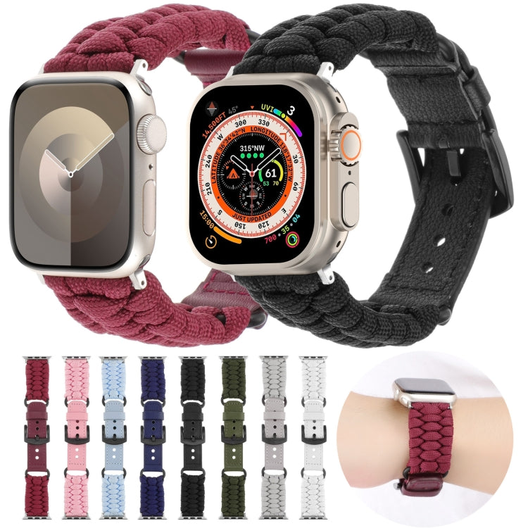 For Apple Watch Series 7 45mm Plain Paracord Genuine Leather Watch Band(Black) - Watch Bands by PMC TechLife | Online Shopping South Africa | PMC TechLife