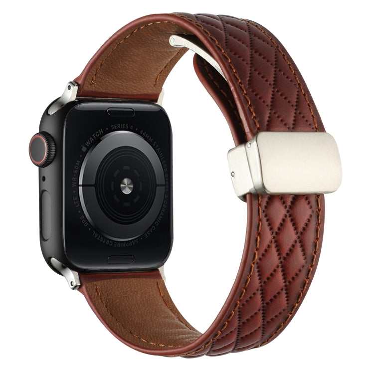 For Apple Watch 42mm Rhombus Pattern Magnetic Folding Buckle Leather Watch Band(Red) - Watch Bands by PMC TechLife | Online Shopping South Africa | PMC TechLife | Buy Now Pay Later Mobicred