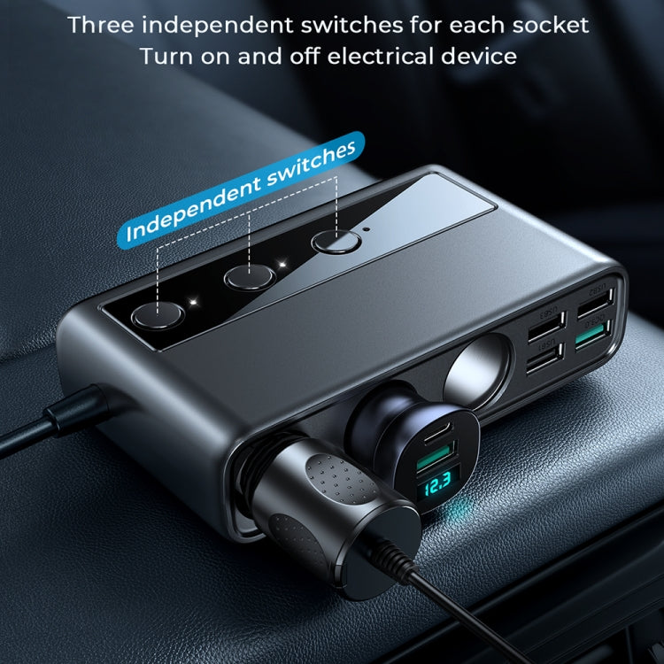 JOYROOM JR-CL06 9 in 1 154W PD USB-C / Type-C + Dual QC3.0 USB + 3 USB + 3 Cigarette Lighter Holes Digital Display Car Charger (Black) - Car Charger by JOYROOM | Online Shopping South Africa | PMC Jewellery | Buy Now Pay Later Mobicred