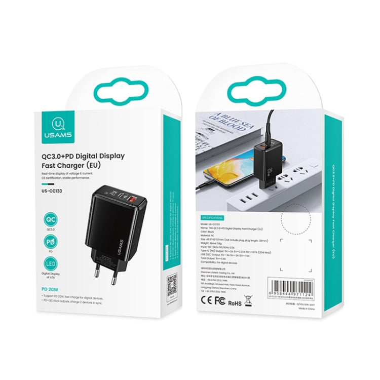 USAMS US-CC133 T40 PD + QC3.0 Ports Fast Charger Power Adapter with Digital Display, EU Plug - USB Charger by USAMS | Online Shopping South Africa | PMC Jewellery