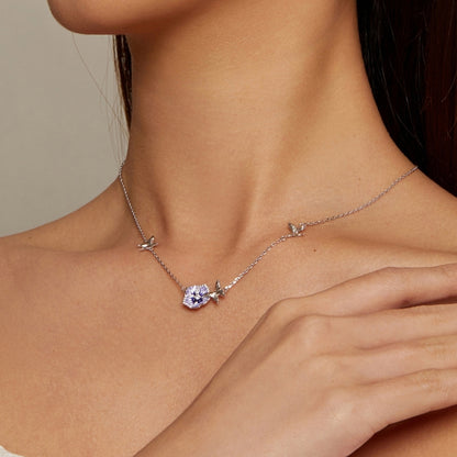 BSN336 Sterling Silver S925 White Gold Plated Zircon Stretchable Pansy Necklace Pendant - Necklaces & Pendants by PMC Jewellery | Online Shopping South Africa | PMC Jewellery