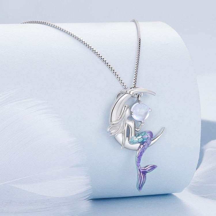 BSN338 Sterling Silver S925 White Gold Plated Moonstone Mermaid Necklace - Necklaces & Pendants by PMC Jewellery | Online Shopping South Africa | PMC Jewellery