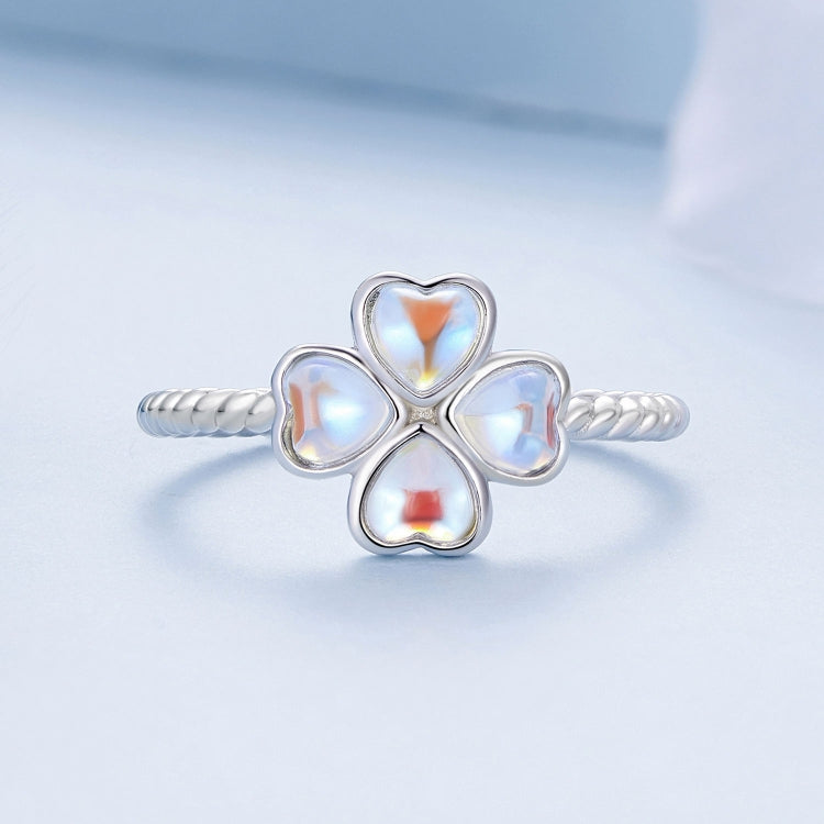 BSR458-E S925 Sterling Silver White Gold Plated Lucky Clover Open Adjustable Ring - Rings by PMC Jewellery | Online Shopping South Africa | PMC Jewellery