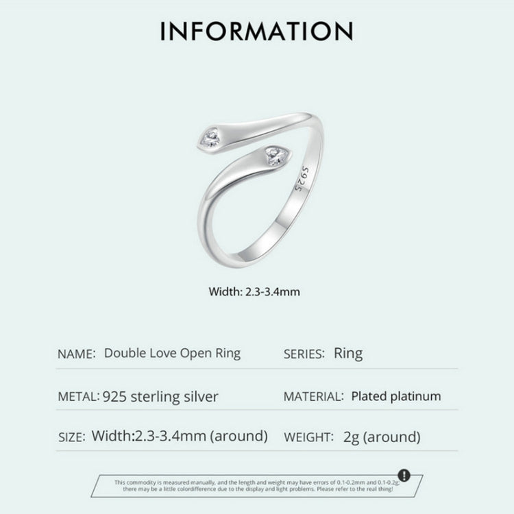 SCR946-E Sterling Silver S925 White Gold Plated Zircon Double Heart Opening Adjustable Ring - Rings by PMC Jewellery | Online Shopping South Africa | PMC Jewellery