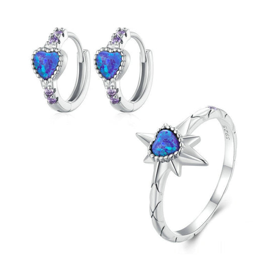 ZHS312 Sterling Silver S925 Platinum Plated Zircon Opal Earrings & Star Ring Set - Rings by PMC Jewellery | Online Shopping South Africa | PMC Jewellery