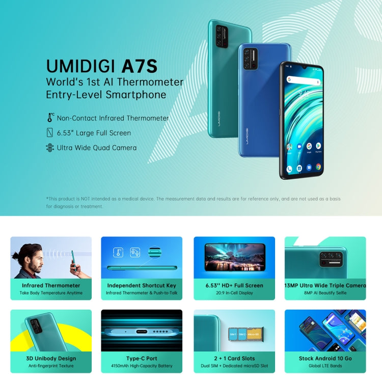 [HK Warehouse] UMIDIGI A7S, 2GB+32GB, Infrared Thermometer, Triple Back Cameras, 4150mAh Battery, Face Identification, 6.53 inch Android 10 MTK6737 Quad Core up to 1.25GHz, Network: 4G, OTG(Grey) - UMIDIGI by UMIDIGI | Online Shopping South Africa | PMC Jewellery