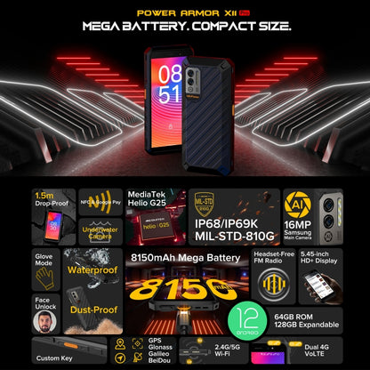 [HK Warehouse] Ulefone Power Armor X11 Pro Rugged Phone, 4GB+64GB, IP68/IP69K Waterproof Dustproof Shockproof, Dual Back Cameras, Face Unlock, 5.45 inch Android 12 MediaTek Helio G25 MT6762VWB Octa Core up to 2.0GHz, Network: 4G, NFC, OTG(Black) - Ulefone by Ulefone | Online Shopping South Africa | PMC Jewellery