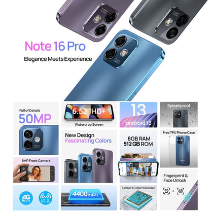 [HK Warehouse] Ulefone Note 16 Pro, 8GB+512GB, Dual Back Cameras, Face ID & Side Fingerprint Identification, 4400mAh Battery, 6.52 inch Android 13 Unisoc T606 Octa Core up to 1.6GHz, Network: 4G, Dual SIM, OTG (Black) - Ulefone by PMC Jewellery | Online Shopping South Africa | PMC Jewellery