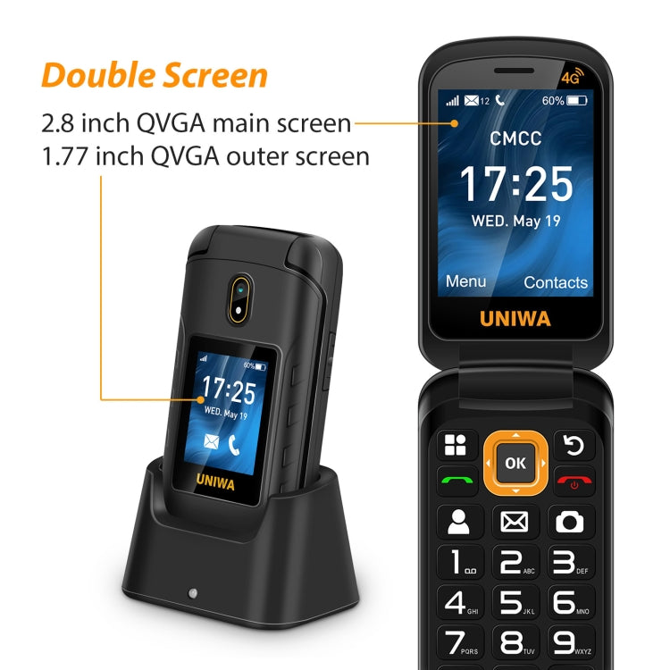 UNIWA V909T Flip Phone, 2.8 inch + 1.77 inch, UNISOC Tiger T107, Support Bluetooth, FM, Network: 4G, SOS, with Charge Dock Base(Black) - UNIWA by UNIWA | Online Shopping South Africa | PMC Jewellery