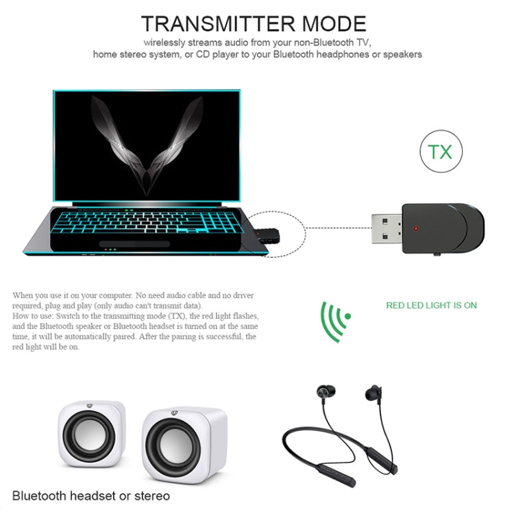 KN330 3 in 1 USB Bluetooth 5.0 Adapter Audio Transmitter Receiver with Switch Button & 3.5mm AUX Interface - Audio Receiver Transmitter by PMC TechLife | Online Shopping South Africa | PMC TechLife