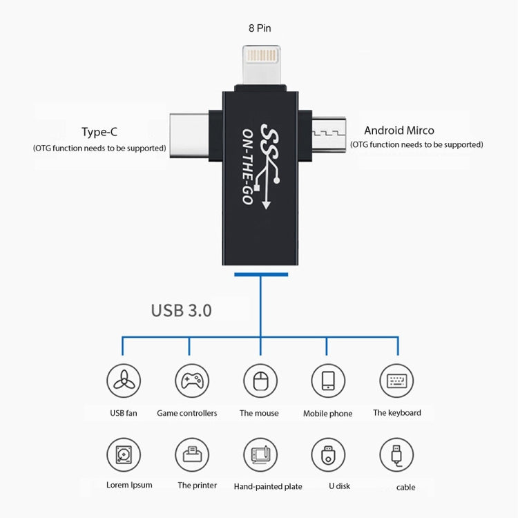 3 in 1 USB 3.0 to 8 Pin + Micro USB + USB-C / Type-C Interface Multifunctional OTG Adapter - OTG Adapter by PMC TechLife | Online Shopping South Africa | PMC TechLife