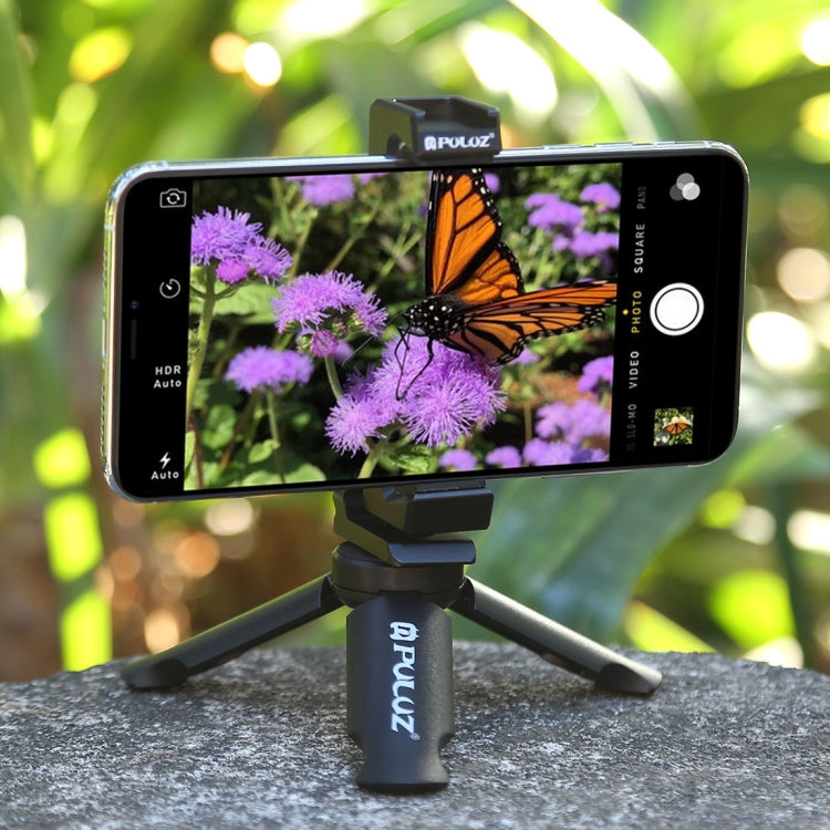 PULUZ Folding Plastic Tripod + Horizontal / Vertical Shooting Metal Clamp with Cold Shoe for iPhone, Galaxy, Huawei, Xiaomi, Sony, HTC, Google and other Smartphones - Desktop Holder by PULUZ | Online Shopping South Africa | PMC Jewellery